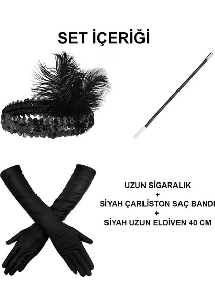 192039LER Gatsby Aksesuar Seti – Siyah Charleston Saç Bandı, Uzun Eldiven Lık