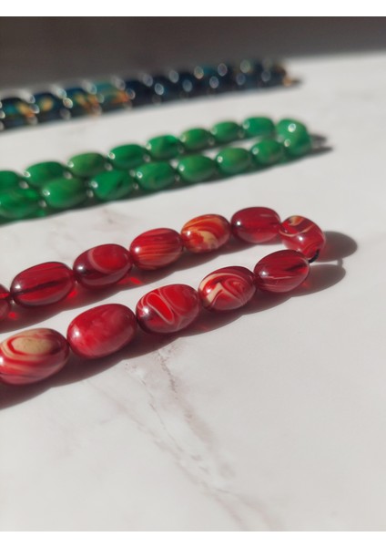 Hareli Sıkma Kehribar Tesbih, 8x11 mm Tane Ölçüsü, Arpa Kesim, Metal Püskül