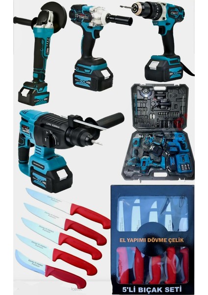 Akülü Ultra 4'lü Profesyonel Set (Kırmızı Saplı Hediye Paketi) | 58V 5AH | ( Avuç Taşlama, Sds Plus Kırıcı Delici Hilti, Somun Sıkma Sökme, Vidalama Matkap )
