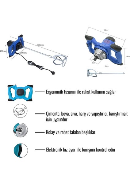 Profesyonel Çift Akülü Yüksek Basınçlı Boya Püskürtme Harç Boya Karıştırıcı Mikser 1400W Tabancası | 58V Mavi Tasarım