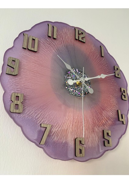 Epoksi Reçine Duvar Saati - Mor ve Parlak Glitterli - Çap:30 cm
