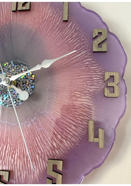 Epoksi Reçine Duvar Saati - Mor ve Parlak Glitterli - Çap:30 cm