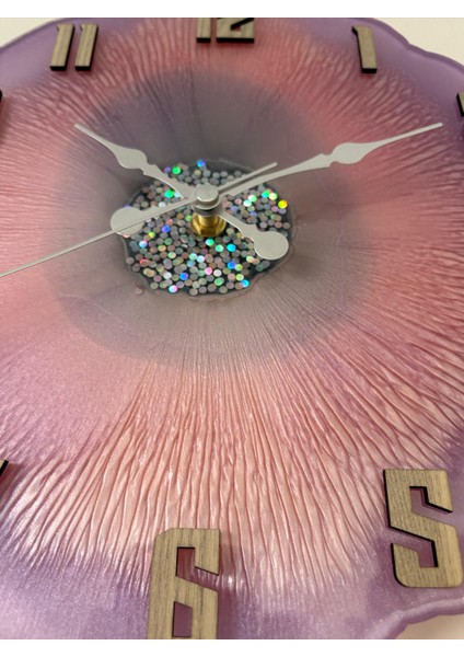 Epoksi Reçine Duvar Saati - Mor ve Parlak Glitterli - Çap:30 cm