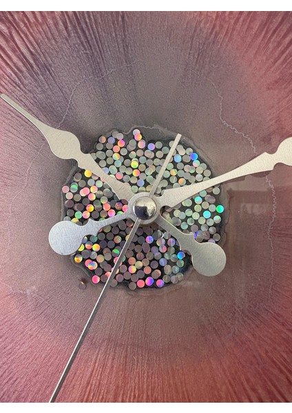 Epoksi Reçine Duvar Saati - Mor ve Parlak Glitterli - Çap:30 cm
