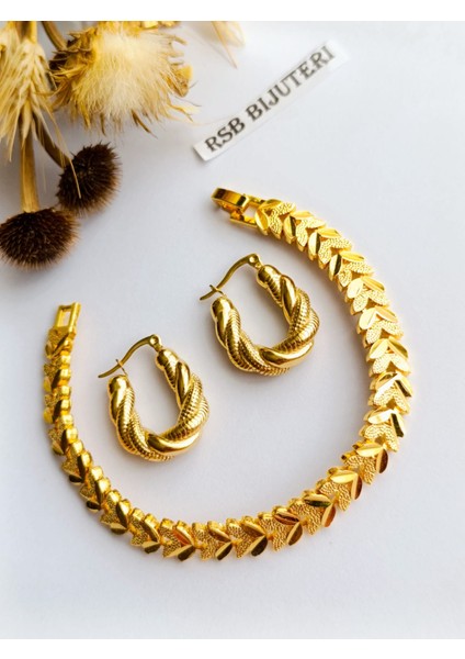 Küpe Oval ve Bileklik Altın Kaplama 316 L Çelik 2'li Set + Hediye Paket