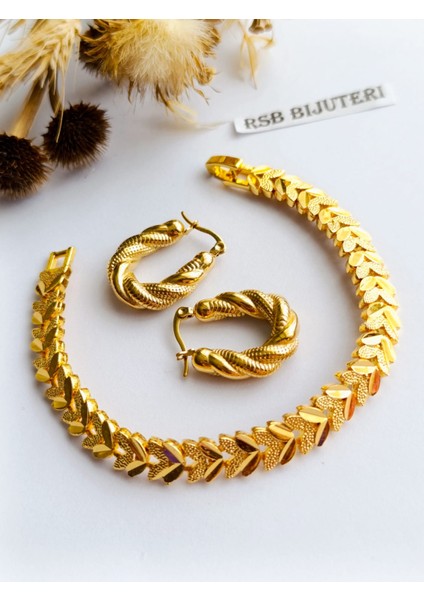 Küpe Oval ve Bileklik Altın Kaplama 316 L Çelik 2'li Set + Hediye Paket