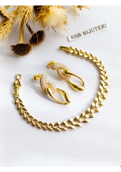 Küpe Sallantılı Zirkon Taş ve Bileklik Xupıngg Altın Kaplama 316 L Çelik 2'li Set + Hediye Paket