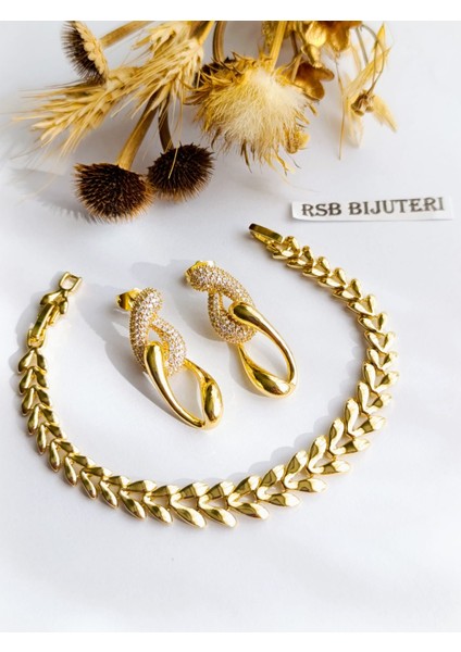 Küpe Sallantılı Zirkon Taş ve Bileklik Xupıngg Altın Kaplama 316 L Çelik 2'li Set + Hediye Paket