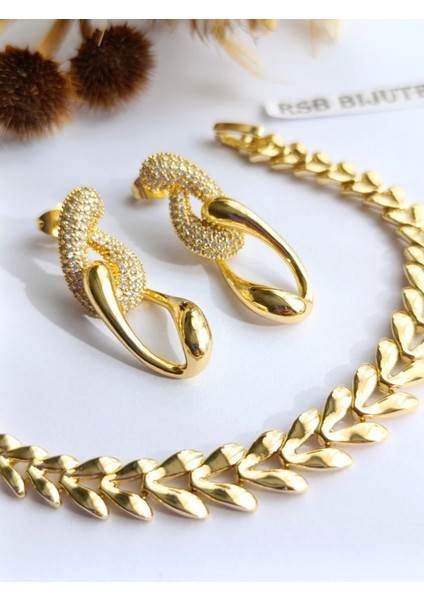 Küpe Sallantılı Zirkon Taş ve Bileklik Xupıngg Altın Kaplama 316 L Çelik 2'li Set + Hediye Paket