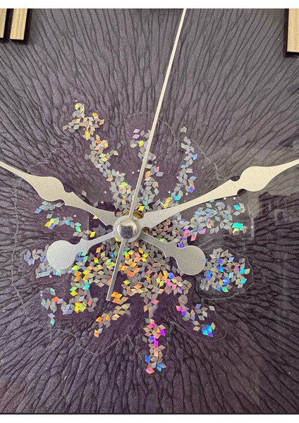 Epoksi Reçine Duvar Saati - Koyu Mor ve Parlak Glitterli- Çap:30 cm