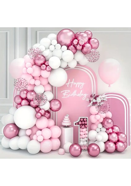 50’li Balon Zinciri Seti – Pastel Pembe, Krom Pembe, Beyaz ve Konfetili Şeffaf Balon Doğum Günü