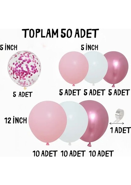 50’li Balon Zinciri Seti – Pastel Pembe, Krom Pembe, Beyaz ve Konfetili Şeffaf Balon Doğum Günü fiyatları