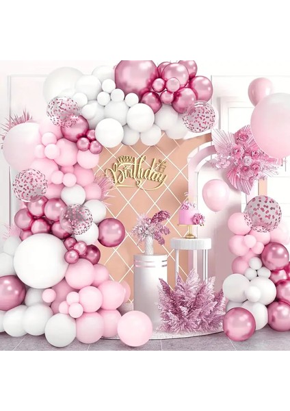 50’li Balon Zinciri Seti – Pastel Pembe, Krom Pembe, Beyaz ve Konfetili Şeffaf Balon Doğum Günü modelleri