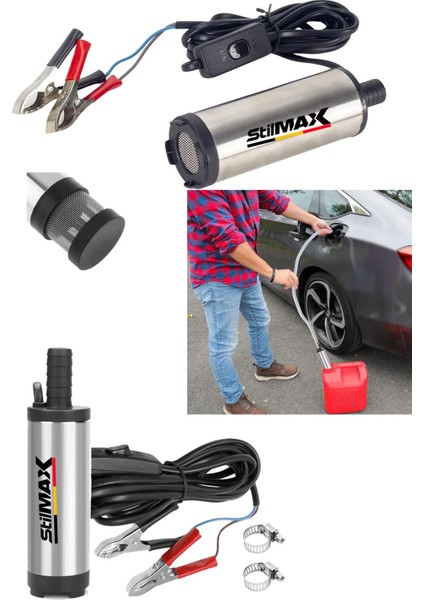 Paslanmaz Gövdeli Profesyonel Bakır Sargılı 12V Mini Mazot Sıvı Yağ Yakıt Aktarma Pompası 51MM
