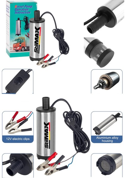 Paslanmaz Gövdeli Profesyonel Bakır Sargılı 12V Mini Mazot Sıvı Yağ Yakıt Aktarma Pompası 51MM