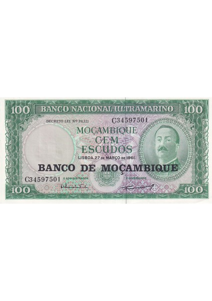 Mozambik, 100 Escudos (1961) Çil Eski Yabancı Kağıt Para