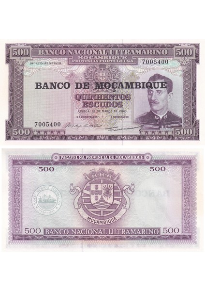 Mozambik, 500 Escudos (1967) Çil Eski Yabancı Kağıt Para