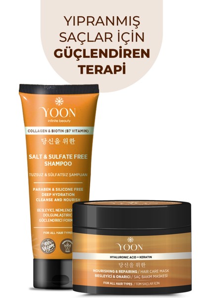 Vegan Tuzsuz Şampuan & Saç Bakım Maskesi 250ML, Hyaluronik Asit, Keratin, Kolajen ve Biotin 2'li Set