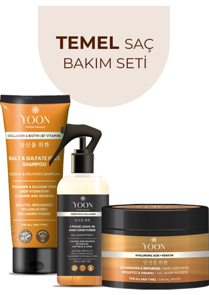 3'lü Onarıcı Saç Bakım Seti, Tuzsuz Şampuan 250ML, Saç Bakım Spreyi 200ML, Saç Bakım Maskesi 250ML