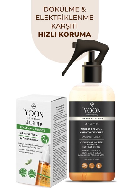 2'li Vegan Saç Spreyi ve Saç Serumu - 7 Doğal Aktif - Keratin ve Kolajen İçerikli - Saç Derisi ve Uçları İçin Bakım Seti