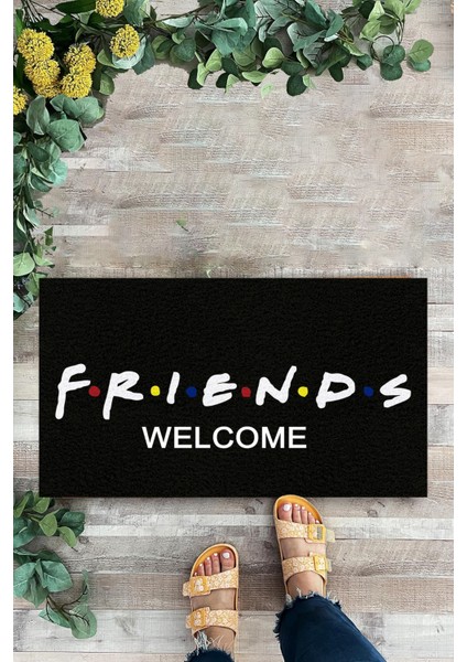 Friends, Siyah Paspas, Iç ve Dış Kapı Önü Paspası, Dekoratif Dijital Baskı Paspas, Çeyiz Paspas