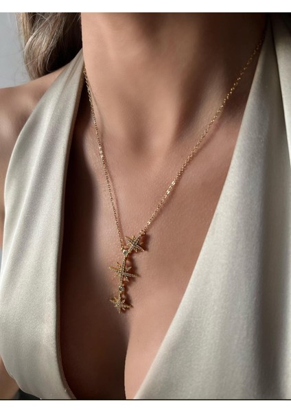 Çelik 316 L Kararmaz Sallantılı Kuzey Yıldızı Şık Tasarım Zirkon Taşlı 45+5 cm Kadın Kolye