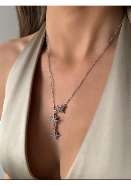 Çelik 316 L Kararmaz Sallantılı Kuzey Yıldızı Şık Tasarım Zirkon Taşlı 45+5 cm Kadın Kolye