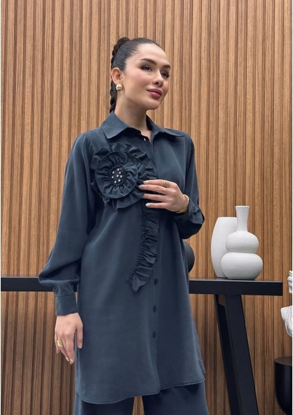 Premium Kalite Tncl Kumaş Çiçek Detaylı Ikili Takım Tesettür Takım