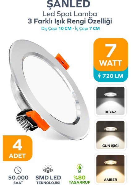 3 Renkli 7W Led Spot Lamba (4 Adet)