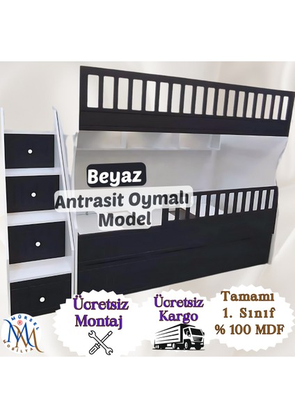 Beyaz Antrasit Oymalı Model Çocuk Ranzası