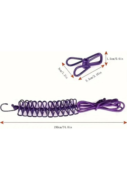 Buffer® Taşınabilir Seyahat Çamaşır Ipi 12 Mandallı Klipsli Lastikli Çamaşır Mandalları