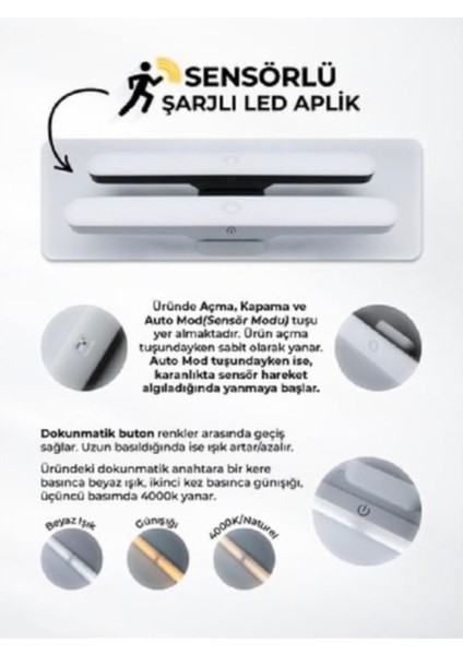 Nova Şarjlı Sensörlü Şarjlı LED Aplik