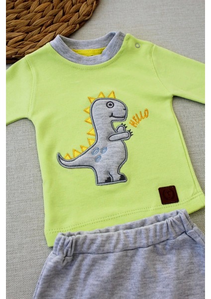 3-6 6-9 9-12 Ay Minik Dino Nakışlı Şapkalı Uzun Kollu Sweat 3lü Kız-Erkek Bebek Takımı