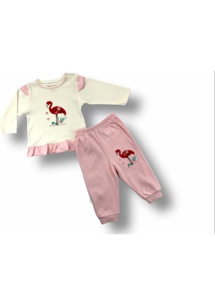 3-6 6-9 9-12 Ay Flamingo Nakışlı Uzun Kollu Sweatli 2li Kız Bebek Takımı