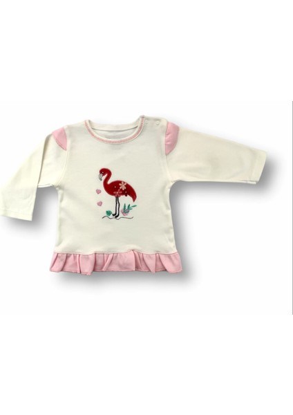 3-6 6-9 9-12 Ay Flamingo Nakışlı Uzun Kollu Sweatli 2li Kız Bebek Takımı