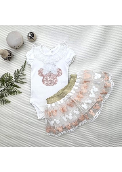 1-2-3 Yaş Payetli Mickey Nakışlı Kısa Kollu Brode Etekli 2li Kız Bebek Takımı