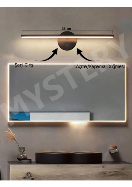 LED Şarjlı Pilli Modern Tasarım Siyah Eskitme Gün Işığı Banyo - Mutfak - Salon-Ofis Flüt Aplik