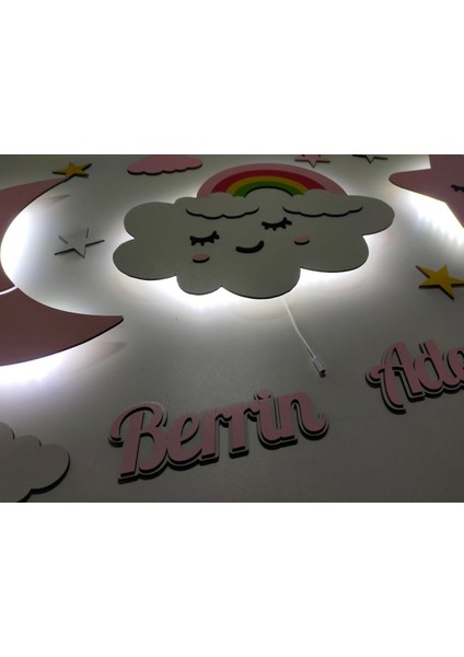 Çocuk Odası Dekoratif Ahşap Ay Gökkuşağı Bulut Sevimli Yıldız Gece Lambası Ledli Aydınlatma