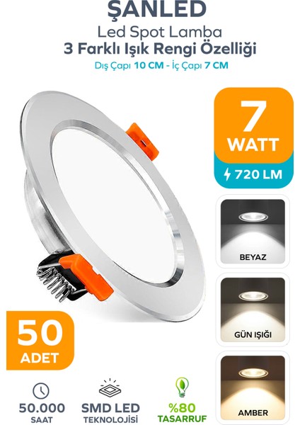 3 Renkli Beyaz Gün Işığı ikisi Bir Arada 7W Led Spot Lamba- 50 Adettir