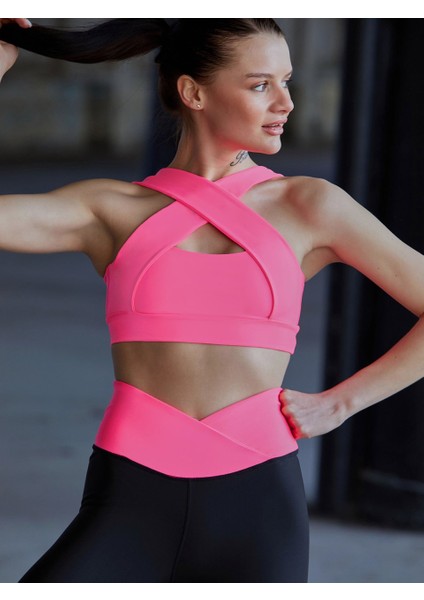 Neon Pembe Dekolte Tasarım Sporcu Sütyeni indirimleri