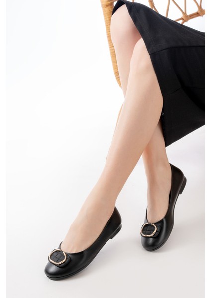 İNF-129 Siyah Günlük Taş Aksesuarlı Babet fiyatları