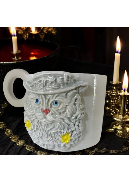 3D Kabartmalı El Emeği Göz Nuru Özel Tasarım Kısa Şapkalı Gotik Kedi Seramik Mug 200 Ml Hediye Paketi Yapılır