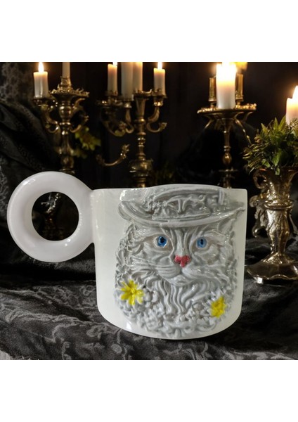 3D Kabartmalı El Emeği Göz Nuru Özel Tasarım Kısa Şapkalı Gotik Kedi Seramik Mug 200 Ml Hediye Paketi Yapılır