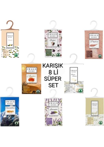 8 Adet Image Home Karışık Paket Süper Set Amber, Lavanta, Pudra, Osmantus, Buket, Yasemin, Beyaz Sabun, Vanilya Çok Amaçlı Koku Kesesi Askılı Ayakkabılık Dolap Içi Parfüm Koku