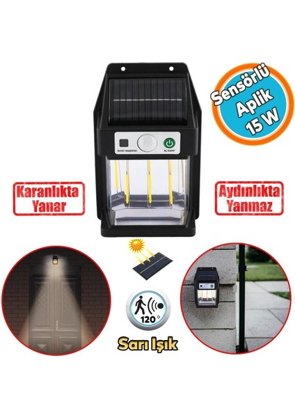 Sensörlü Güneş Enerjili Dış Aydınlatma Yeni Nesil Ampül Sensörlü Sarı Işıklı Aplik 15 W Portatif Fe
