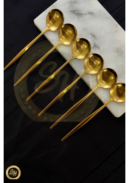 6 Adet Çelik Gold Tatlı Kaşığı Paslanmaz | 6 Parça Lüks Tatlı Kaşığı Takımı Paslanmaz