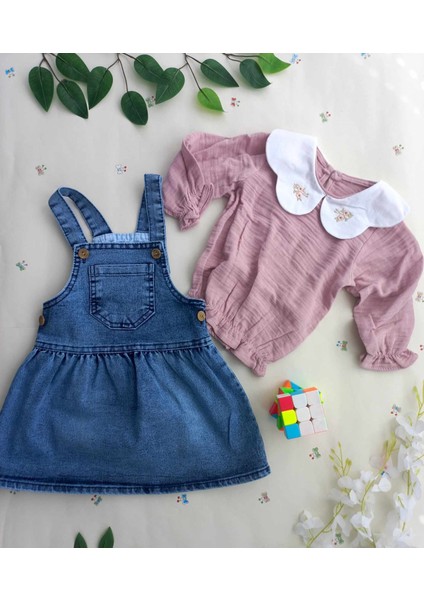 Kız Çocuk Muslin Bluz Kot Elbise 2li Kız Bebek Takımı 9-12-18-24 modelleri