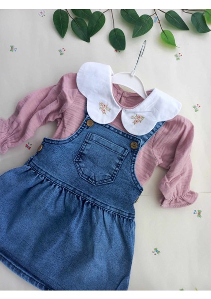 Kız Çocuk Muslin Bluz Kot Elbise 2li Kız Bebek Takımı 9-12-18-24