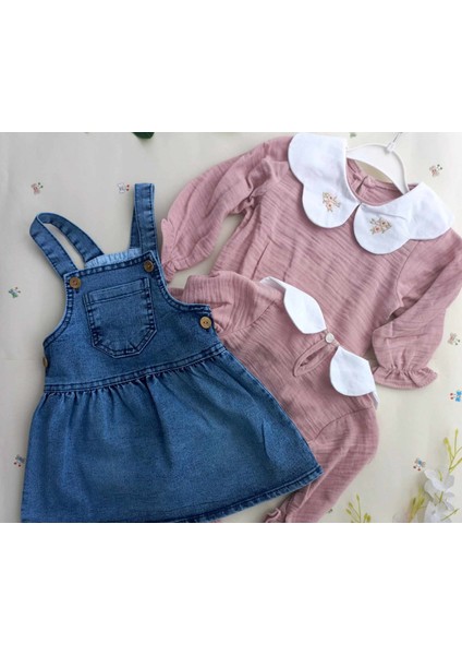 Kız Çocuk Muslin Bluz Kot Elbise 2li Kız Bebek Takımı 9-12-18-24 modelleri