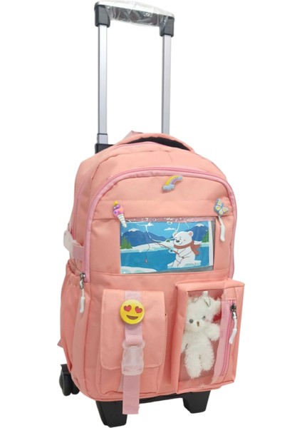 2 Kademeli Çekcekli Tekerlekli Portatif Kore Tarzı Pembe, Aksesuarlı Laptop Bölmeli Erkek,kız Çocuk Okul Çantası 44*34*23 cm fiyatları